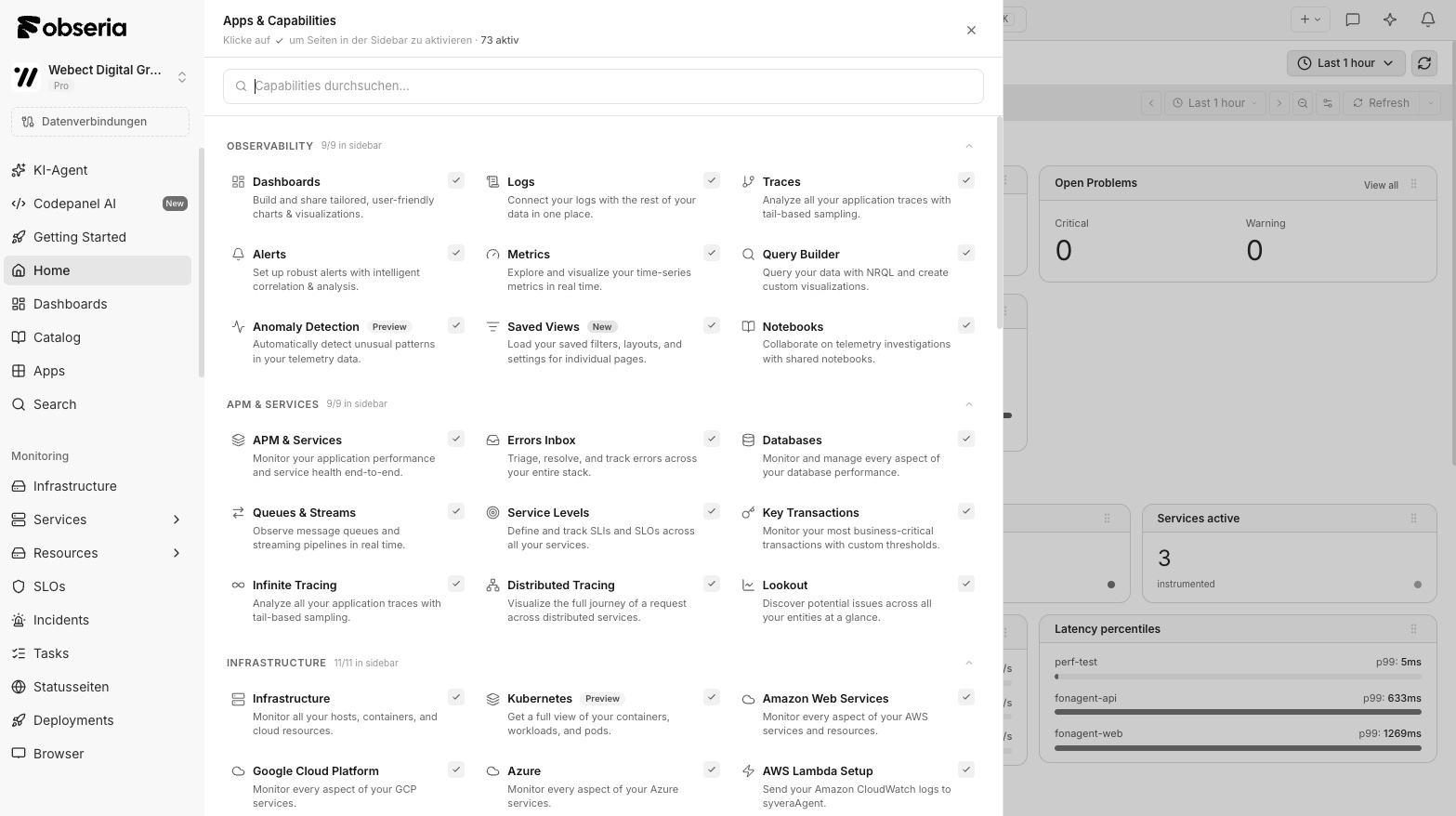 Obseria apps and capabilities: observability, APM, infrastructure and integrations