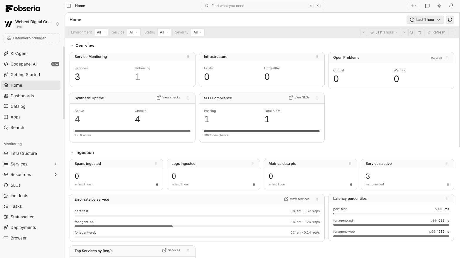 Obseria home dashboard with service health, open problems, SLO compliance and ingestion