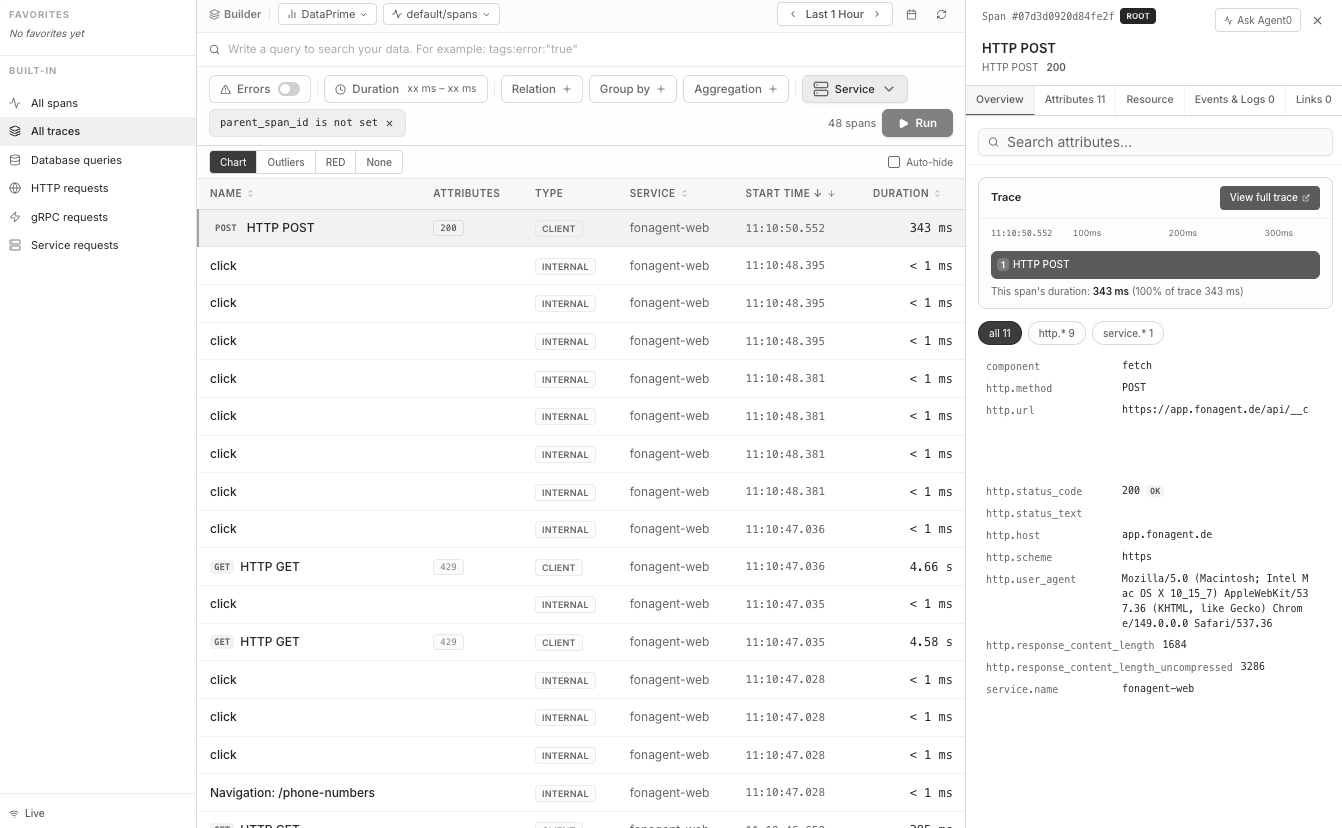 Obseria trace explorer with span list and span attributes